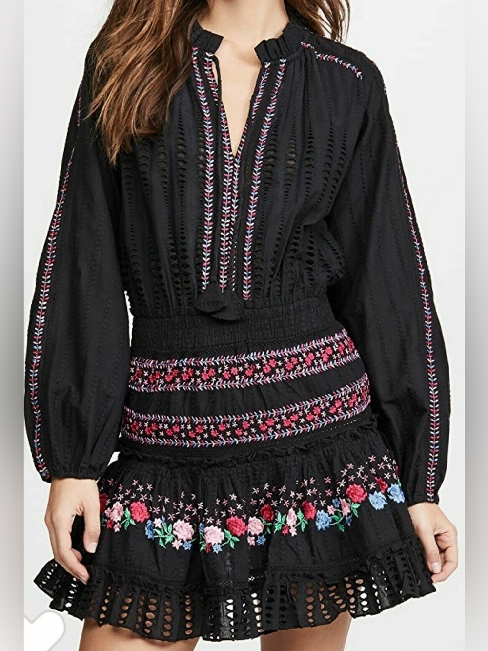 Misa Los Angeles Black Dress with Pink and Blue Embroidered Trim